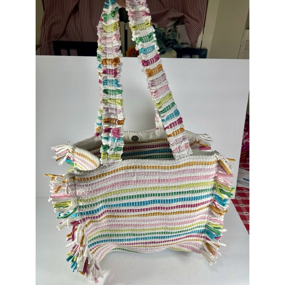 Shiraleah Chicago Recycled Cotton Rag Tote Bag Multi-Color Striped Boho Fringe